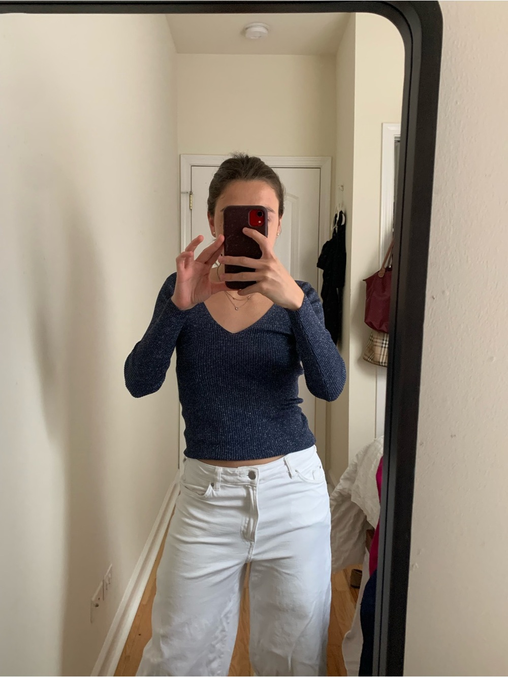 Mango Navy Ribbed V-Neck Long Sleeve Top - Picture 2 of 2
